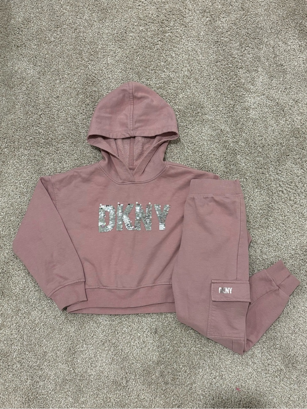 DKNY Girls' Pink Hoodie & Jogger Set - Sequin Logo Size 5